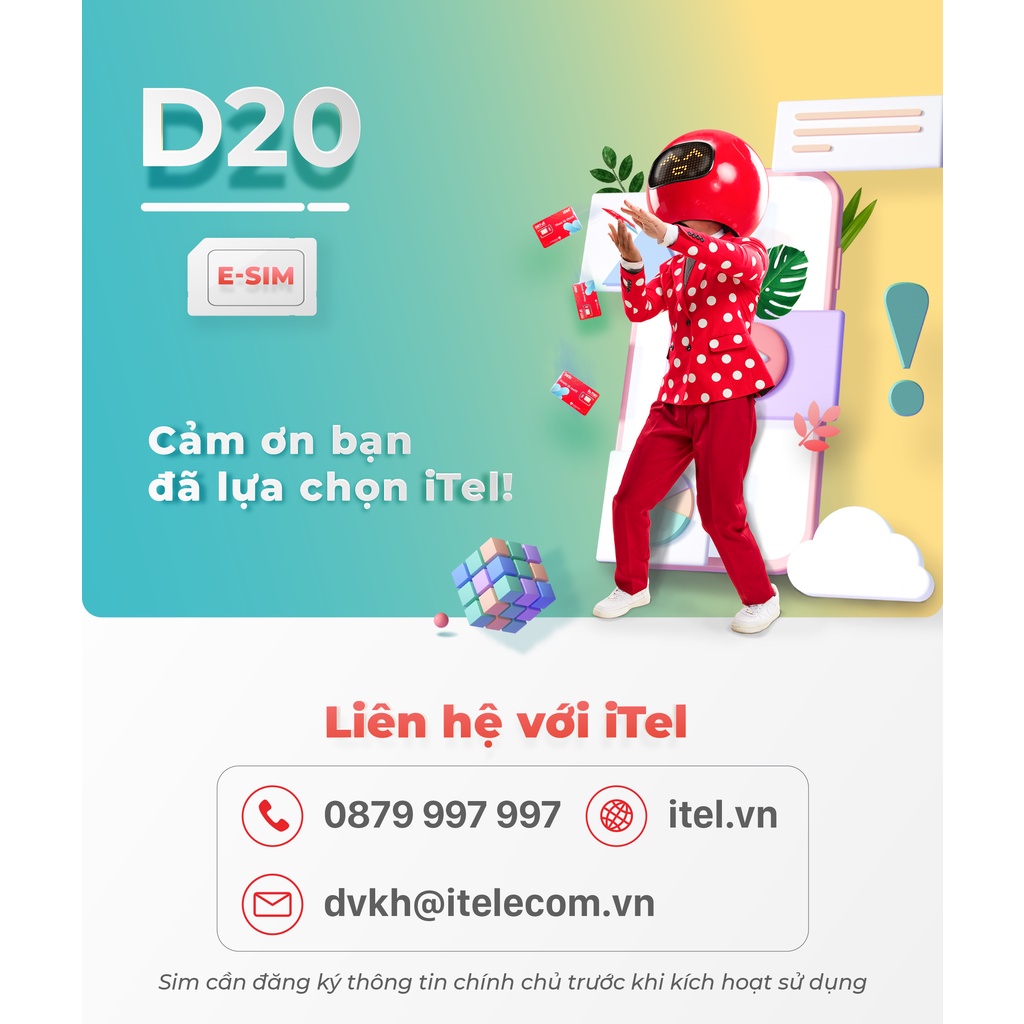 Sim iTelecom eSim 4G Gói D20 - Chỉ 20k Data 2Gb/Tháng - 4G tốc độ cao Toàn Quốc