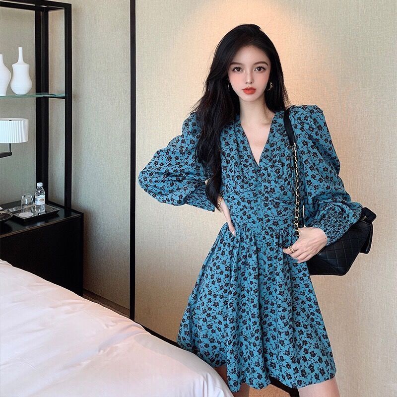Đầm Hoa Cổ Chữ V Nhấn Eo Phong Cách Retro Hàn Quốc 2022