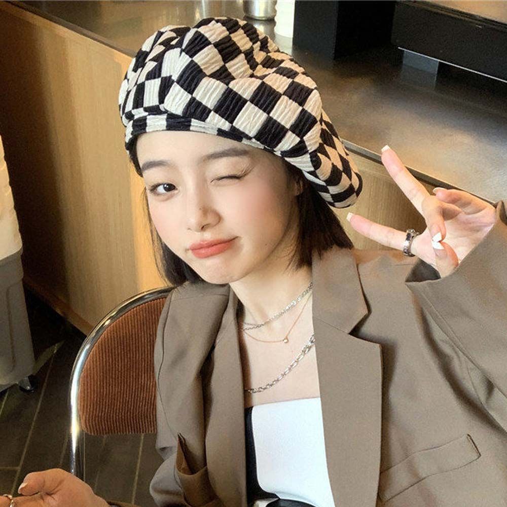 Nón Beret Vải Nhung Kẻ Sọc Caro Phong Cách Hàn Quốc Cổ Điển Thời Trang Cho Nữ