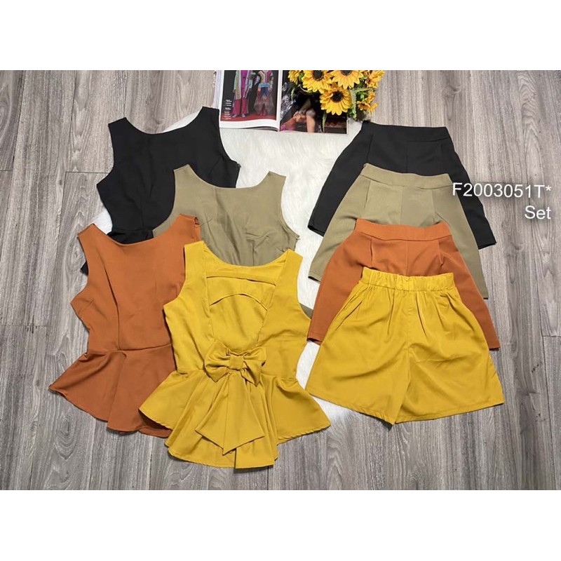 Set bộ áo peplum hở lưng phối nơ sau sát nách kèm quần short!