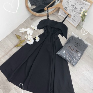 ĐẦM MIDI ĐEN 2 DÂY XẾP LI XOÈ CÚP NGỰC