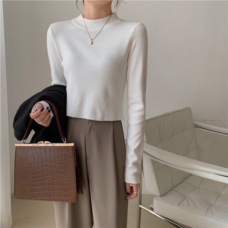 Áo Croptop Len Tay Dài Cổ 3 Phân Chất Len Mịn Trơn (Ngắn trên rốn) | BigBuy360 - bigbuy360.vn