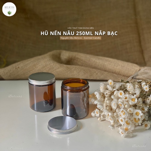 Hũ Thuỷ Tinh Đựng Nến Thơm Cao Cấp 250ML - Màu Nâu Nắp Thiếc