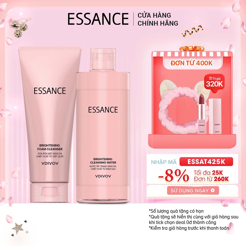 [Mã COSESS4 giảm 8%]Combo sáng da Sữa rửa mặt và Nước tẩy trang Essance Brightening