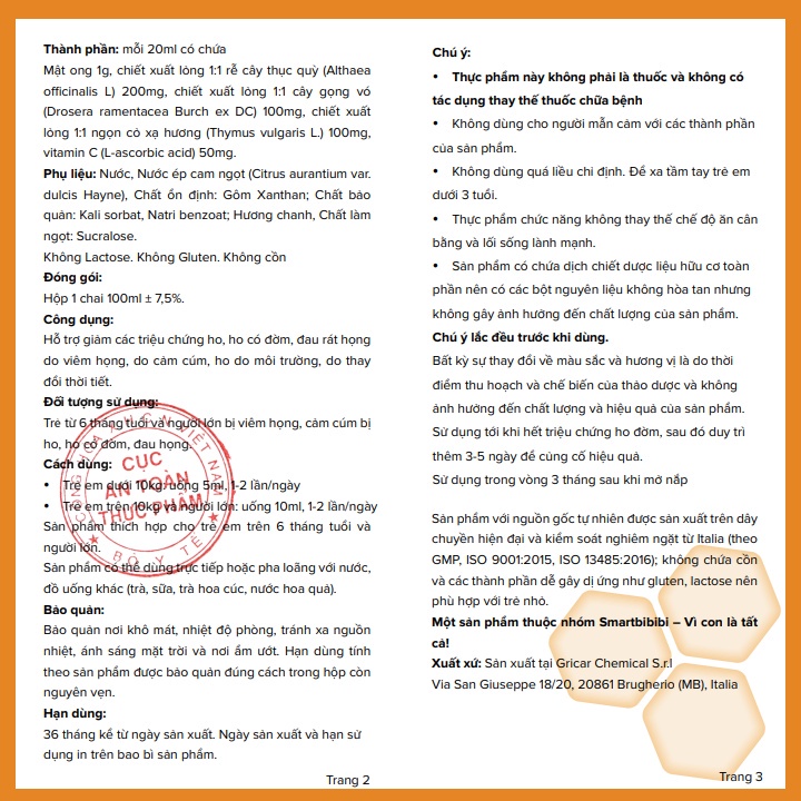 Smartbibi Cough - Hỗ trợ giảm ho, ho có đờm, đau rát họng cho Bé