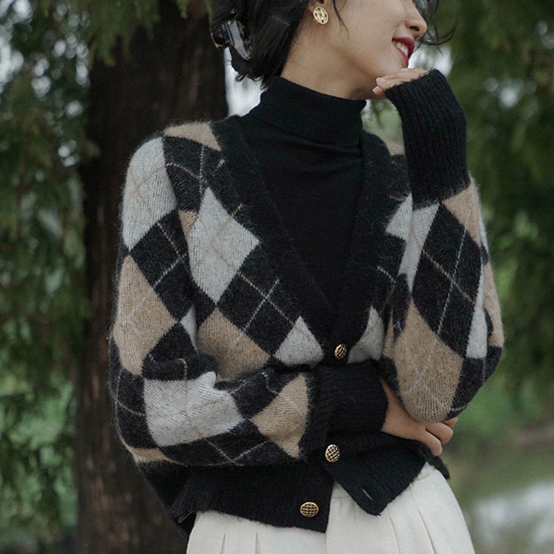 Áo khoác cardigan dệt kim dáng ngắn họa tiết vân kim cương kiểu Pháp retro dễ thương cho nữ