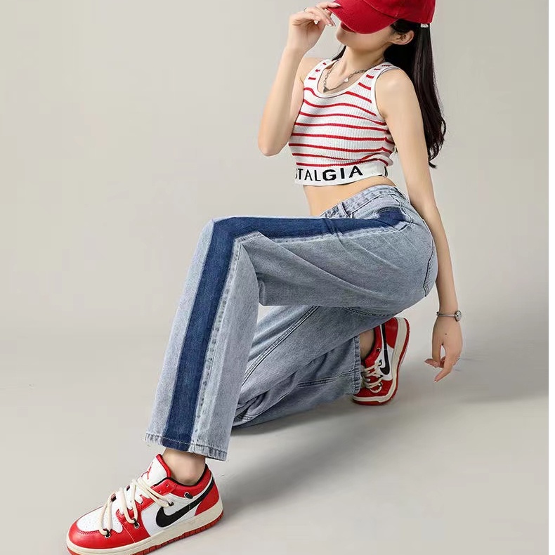 Quần jean SUXI lưng cao ống rộng màu sắc tương phản dễ phối đồ thời trang mùa hè cho nữ