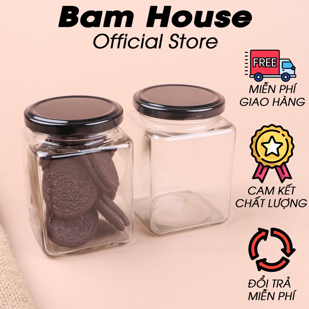 Hủ thủy tinh vuông 450ml Bam House có nắp nhôm đen đựng gia vị và thực phẩm cao cấp HV01 – Gia dụng bếp