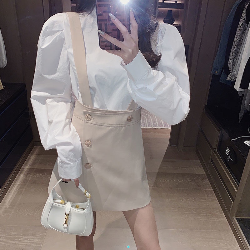 Set Áo Sơ Mi Trắng Và Đầm Yếm Thiết Kế Mới Xinh Xắn Thời Trang Dành Cho Nữ