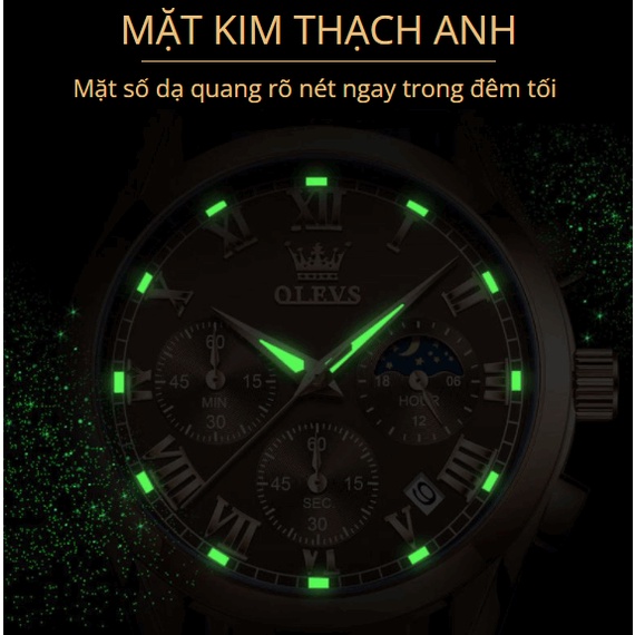 Đồng hồ nam dây da OLEVS 6 kim chống nước, mặt kính cường lực chống xước hiển thị lịch Nhật Nguyệt phong cách Thụy Sĩ | BigBuy360 - bigbuy360.vn