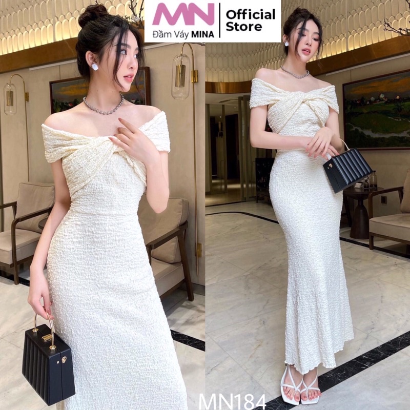 Đầm trễ vai nơ ngực ôm body dáng dài màu trắng chất liệu thun gân nhún cao cấp MINA sang đẹp dự tiệc đi chơi MN184