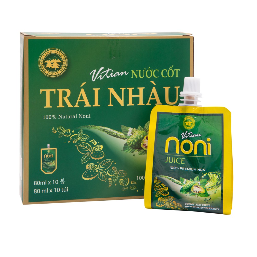 Nước Cốt Trái Nhàu Vĩnh Tiến Nguyên Chất (80ml x 10 túi) 1 Hộp. Noni Juice 100% Nature (Hàng cận date T07/2022)