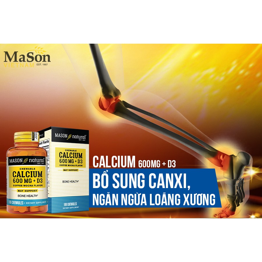 Mason Natural Calcium 600mg + D3 Hộp 100v Viên Uống, Nhai Bổ Sung Canxi Xương Chắc Khỏe, Tăng Chiều Cao vị cafe coffee