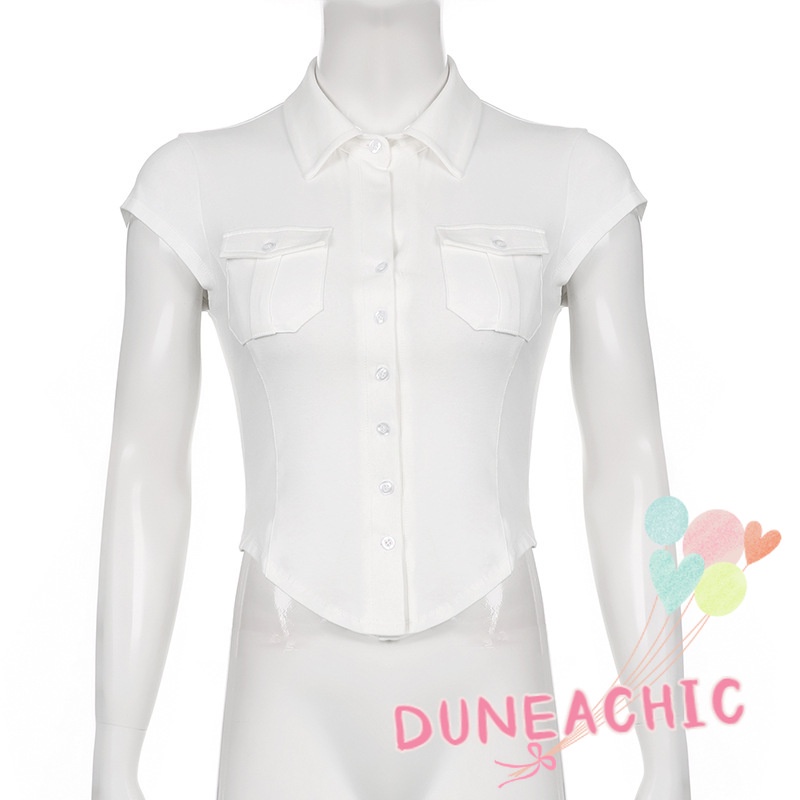 DUNEA Áo sơ mi công sở có túi cổ polo thời trang dành cho nữ