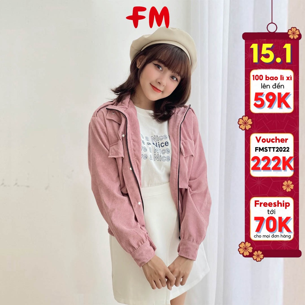 Áo khoác kaki nữ FM Style form rộng dáng ngắn chất xịt phối túi siêu xinh thời trang thu đông 210704113