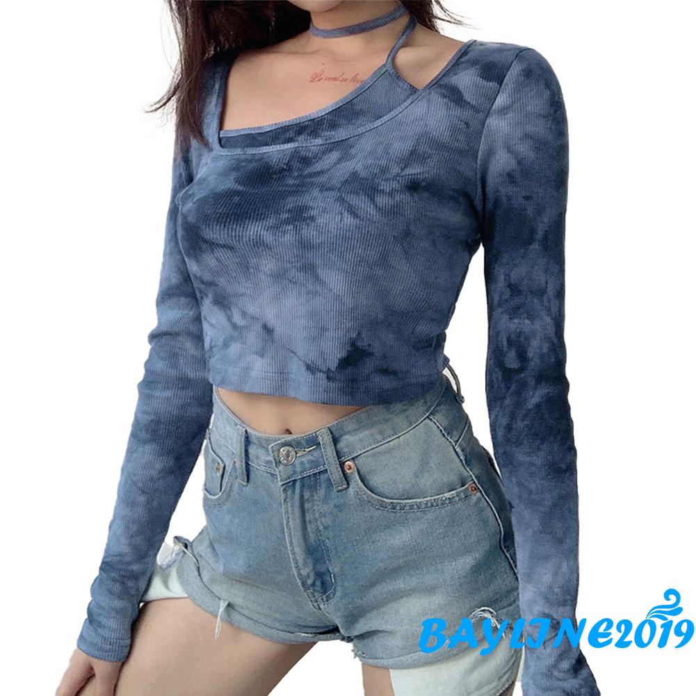 Áo thun tay dài cổ tròn thiết kế hở eo cá tính cho nữ | BigBuy360 - bigbuy360.vn