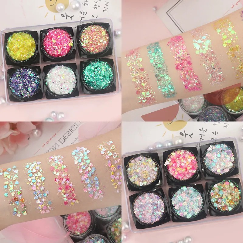 Bộ sáu lọ gel sequins hình ngôi sao trang điểm mắt lấp lánh xinh xắn