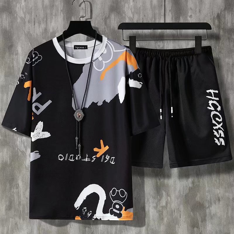 Round Neck Short Sleeve T-shirt Set + Men's Fashion Shorts Summer Suit Korean Cartoon Print Design Casual