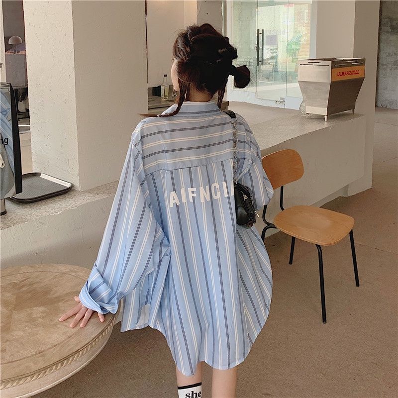 Áo Sơ Mi Tay Dài Kẻ Sọc In Chữ Thời Trang Dành Cho Nữ