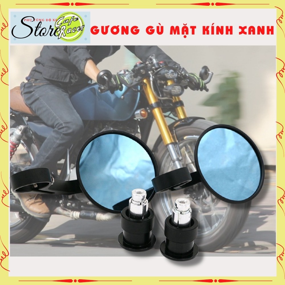 Gương gù tròn CAFE RACER gương gù tay lái cao cấp mặt kính xanh chống lóa, phù hợp mọi loại xe