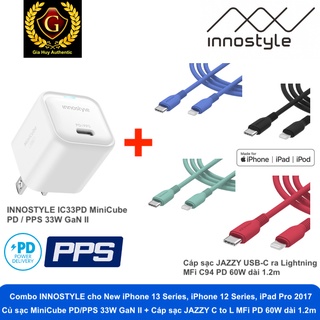 Combo sạc iPhone 13 Series INNOSTYLE IC33PD MiniCube PD/PPS 33W GaN II + Cáp JAZZY USB-C ra Lightining MFi PD 60W 1.2m