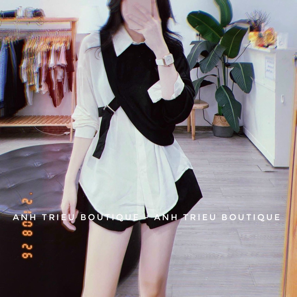 Áo Kiểu Nữ Sơ mi Kèm Đai Khuy Đen Cao Cấp | BigBuy360 - bigbuy360.vn