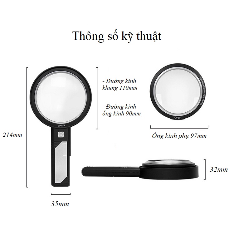 Kính lúp cầm tay đèn sạc điện phóng đại 8x-12x đọc sách báo, sửa chữa điện tử 6550