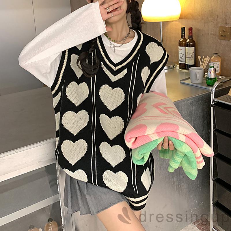 Áo dệt kim sát nách dáng rộng in họa tiết trái tim màu sắc thời trang mùa đông cho nữ