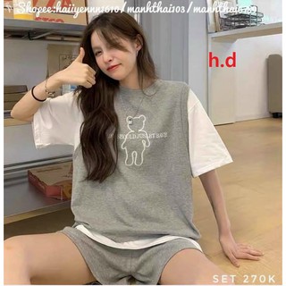 Bộ Đùi Phối Gấu Hey thun cotton tay lỡ Unisex phối Quần đùi rộng