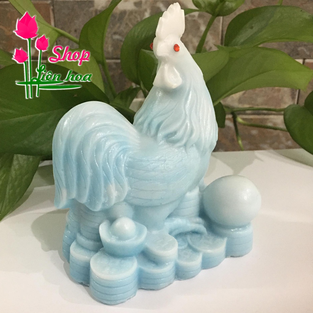 Tượng gà trống phong thủy cao 15 cm màu vân trắng xanh mang may mắn