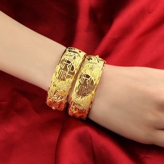 Vòng tay cưới cô dâu chạm rồng phụng khắc chữ tinh xảo dát vàng 24 cao cấp mẫu mới về