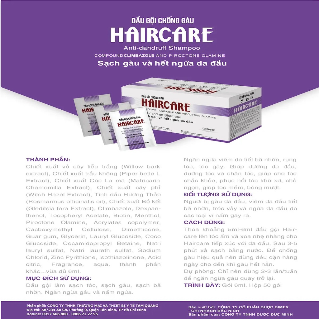 Dầu Gội Ngăn Ngừa Gàu Haircare Dạng Gói – Hộp 50 Gói x 6ml