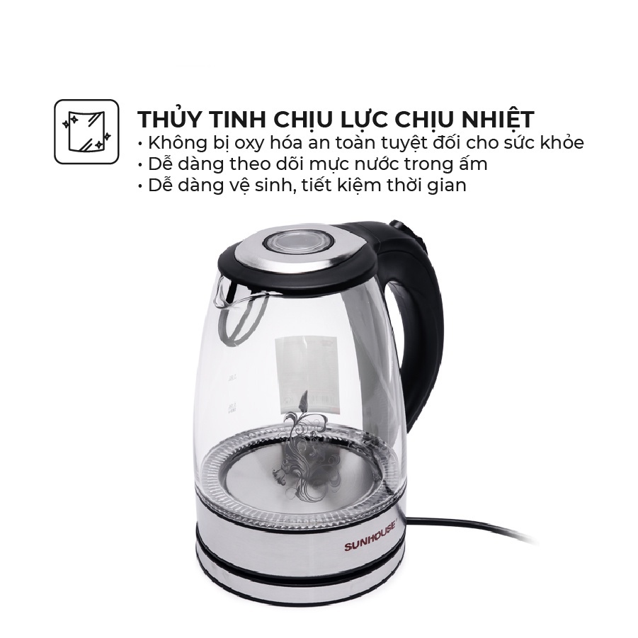 Bình Đun Nước Siêu Tốc Thuỷ Tinh Trong Suốt Chịu Nhiệt Cao- Ấm Siêu Tốc Thuỷ Tinh SUNHOUSE 1.8 L SHD1215