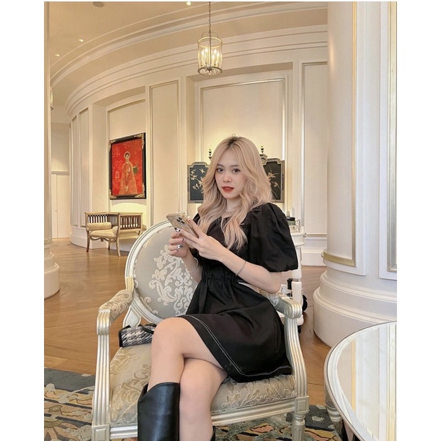 ĐẦM ĐEN ANNA DRESS thiết kế cut-out hở lưng sexy phần eo bo chun co giãn sau lưng thắt nơ có lót trong chất kaki chéo