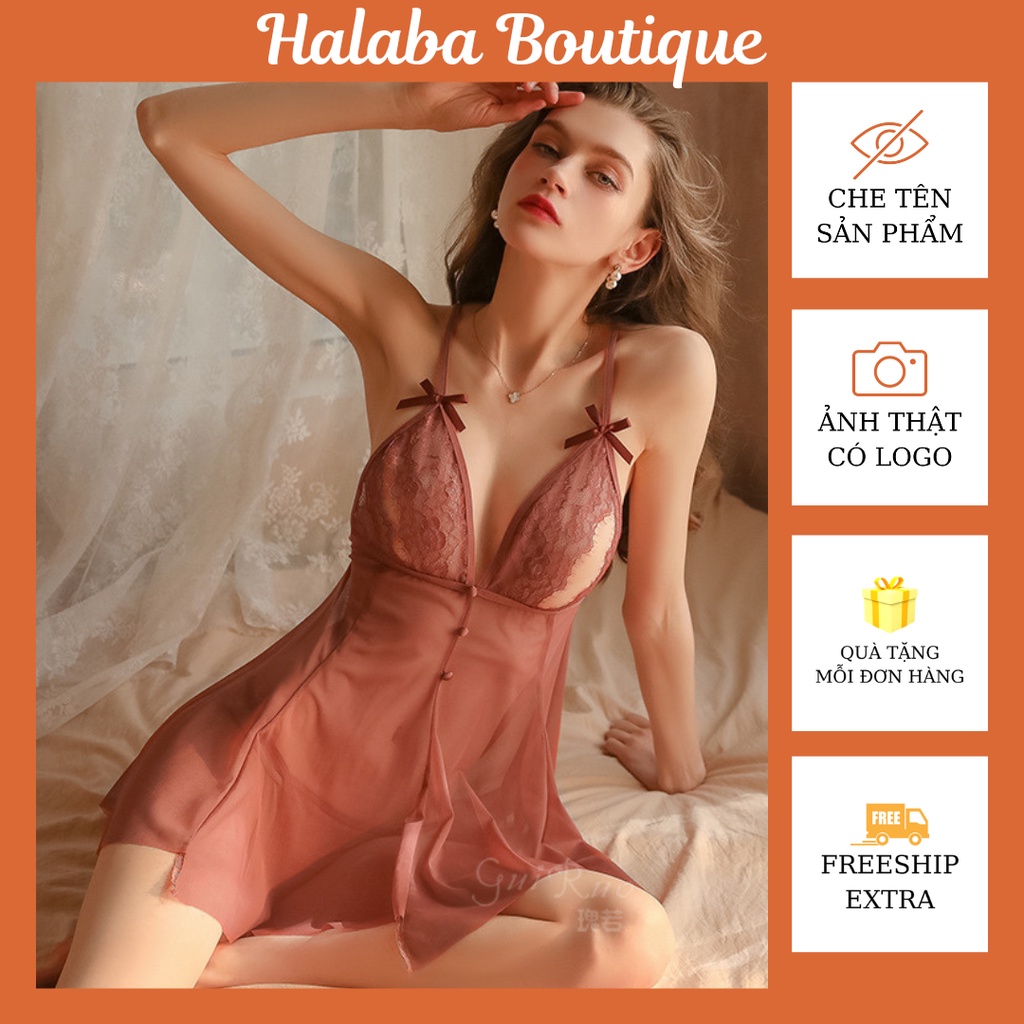 Đầm ngủ sexy, váy ngủ hai dây xuyên thấu ren xẻ ngực hàng Quảng Châu cao cấp VN1639