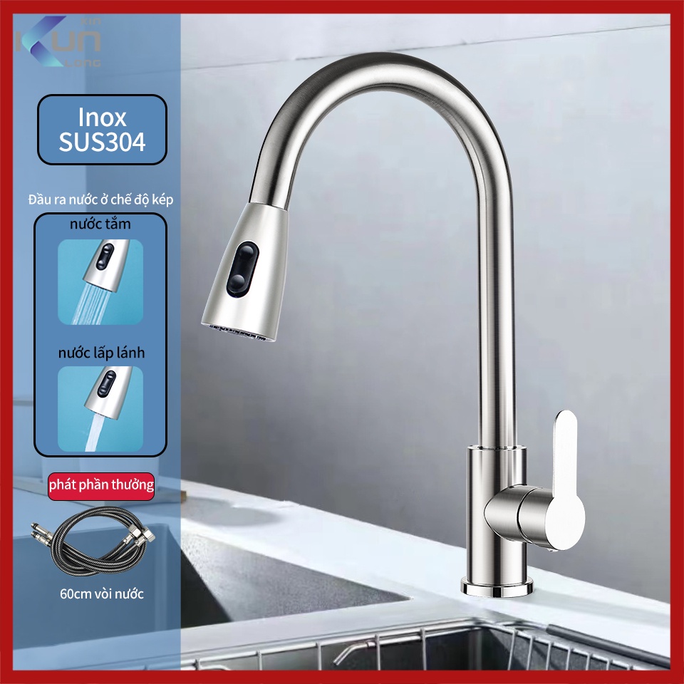 Vòi nước bồn rửa chén XINKUNLON 2 chế độ nóng và lạnh thép không gỉ 304 xoay được 360 độ cao cấp