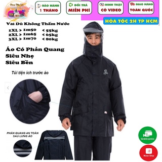 Áo Mưa Bộ Cao Cấp Vải Dù Có Dây Phản Quang - Nón Liền Không Uớt Cổ