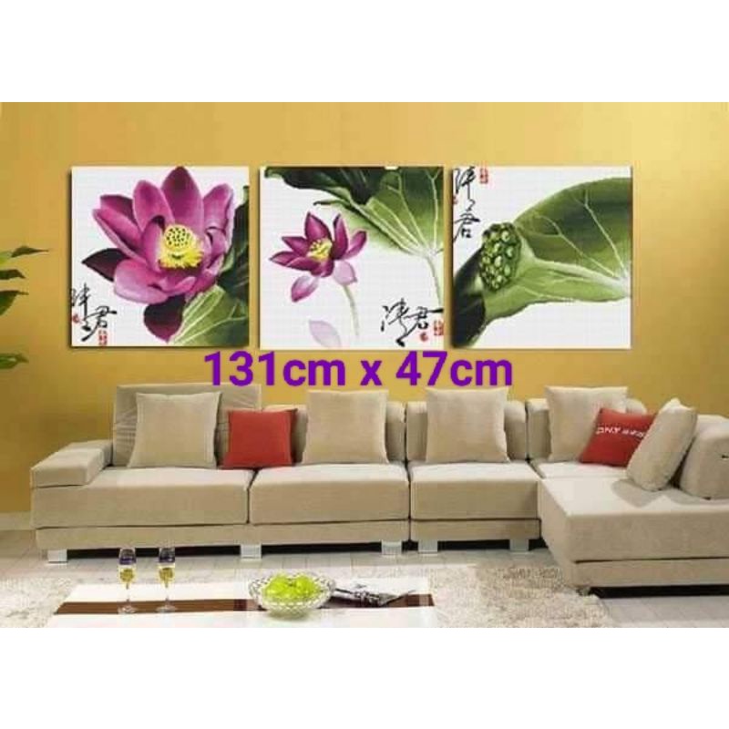 Tranh thêu chữ thập hoa sen. Tranh thêu đầm sen size to trên 100cm