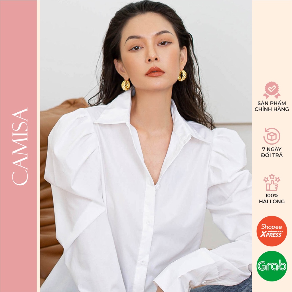 Áo Sơ Mi Nữ CAMISA Tay Phồng Rập Ly Công Sở Cổ Đức Chữ V Hàn Quốc, Sơ Mi Trắng Đen Dài Tay Nữ Kiểu Cao Cấp CM21