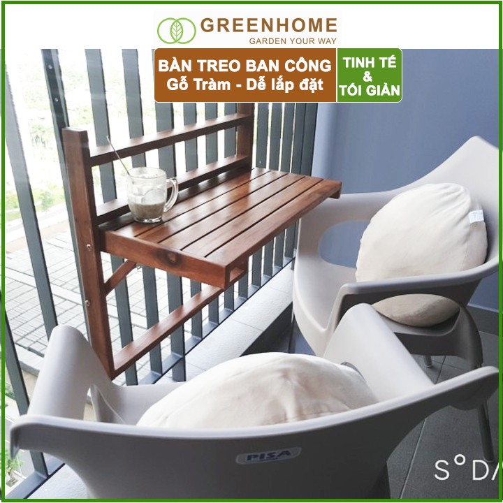 Bàn treo ban công, D60xR30cm, màu gỗ tự nhiên, gỗ tràm, siêu bền, phù hợp mọi lan can |Greenhome