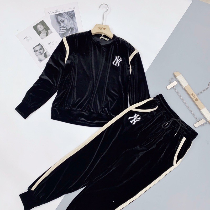S6311 Set Nhung Thể Thao NY Phối Áo Dài Tay Cổ Tròn Và Quần Tập Bo Gấu Chất Dãn Nhẹ Mặc Thoải Mái