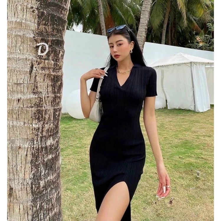 Đầm ôm body xẻ tà cổ sơ mi chất gân mịn, dày dặn tôn dáng