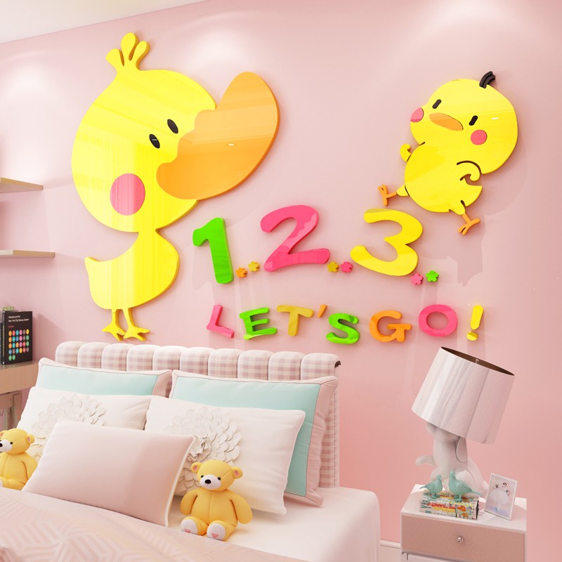 Tranh dán tường mica 3d decor khổ lớn chú vịt con trang trí mầm non, phòng cho bé Nhiều Size - EPeBen