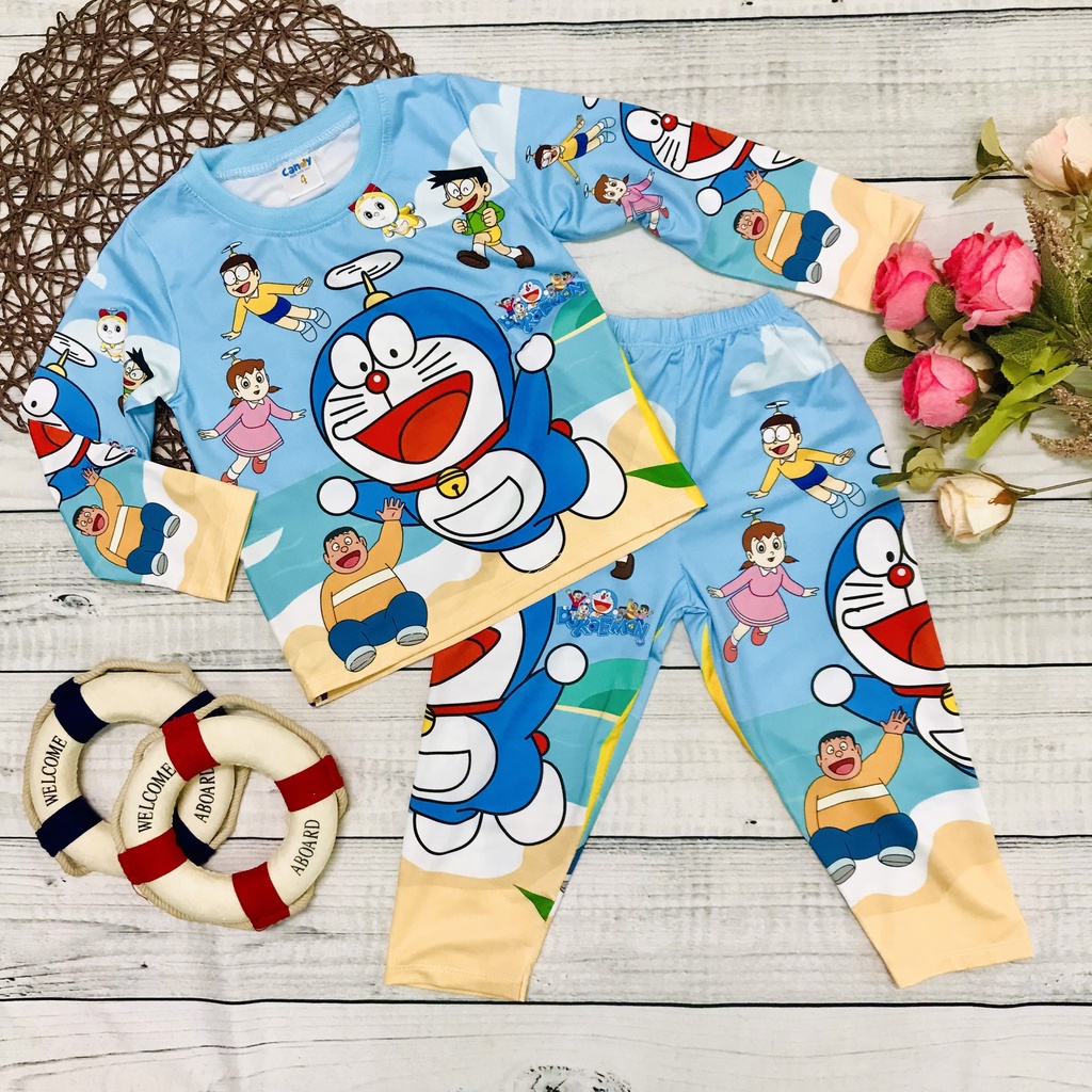 Bộ thu đông bé trai và bé gái, quần áo dài tay thun lạnh hình Doremon mềm mịn, co giãn tốt cho bé từ 10 - 40kg