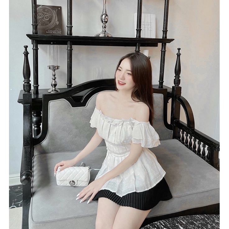 Áo trễ vai cánh tiên rút eo tiểu thư