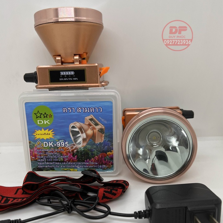 Đèn đội đầu pin sạc DK995 - 300w led siêu sáng - 2 pin sạc dung lượng cao - hiển thị pin