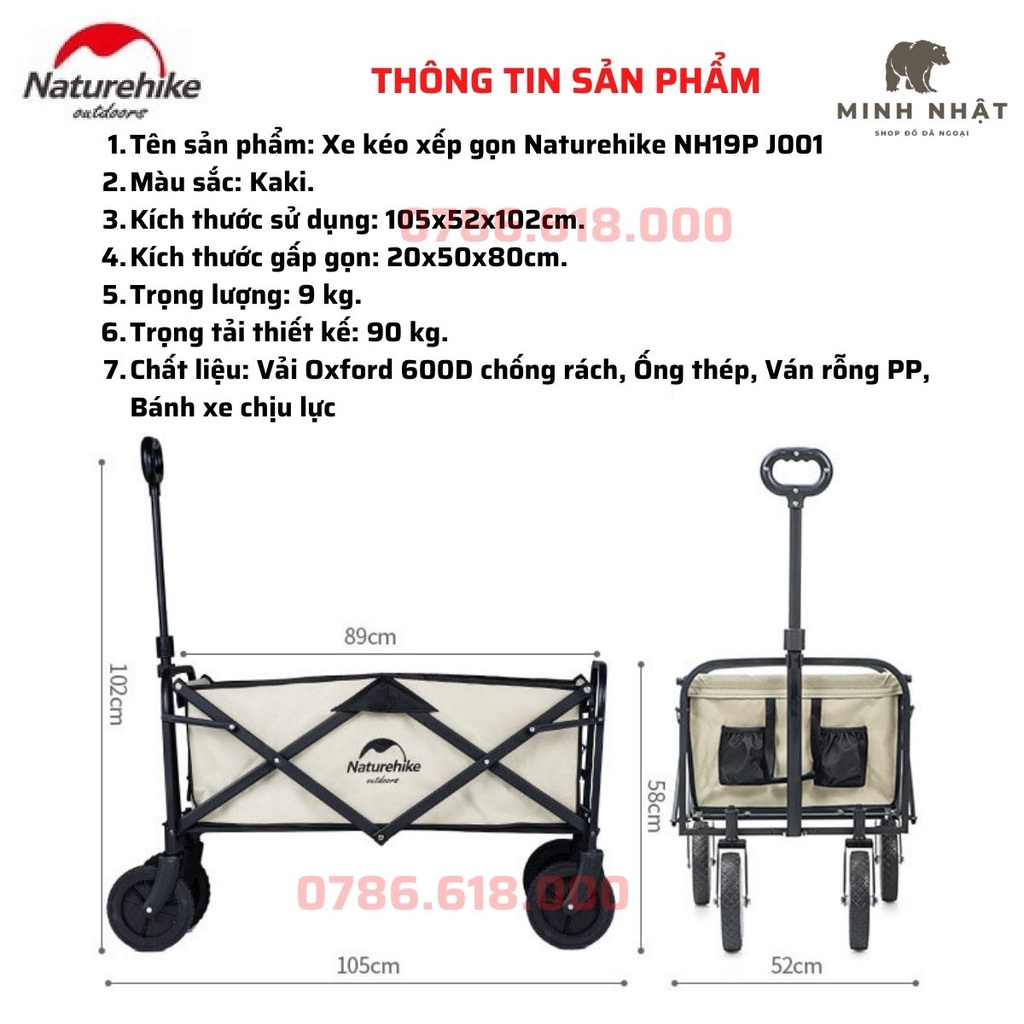 Xe kéo dã ngoại gấp gọn Naturehike 90L lốp đa địa hình giảm lực cản kéo đẩy dễ dàng, xếp gọn trong ô tô mã NH19PJ001