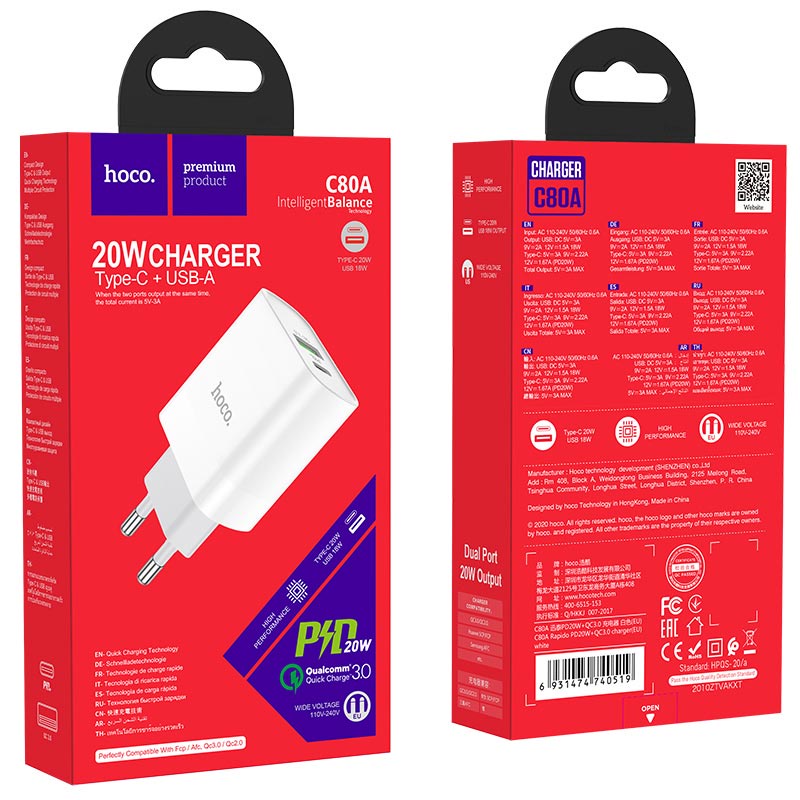 ✅Mới✅ Cốc sạc nhanh IP18W có 2 cổng sạc USB và Type C Hoco C80A hỗ trợ QC3.0 PD[BH 1 đổi 1]