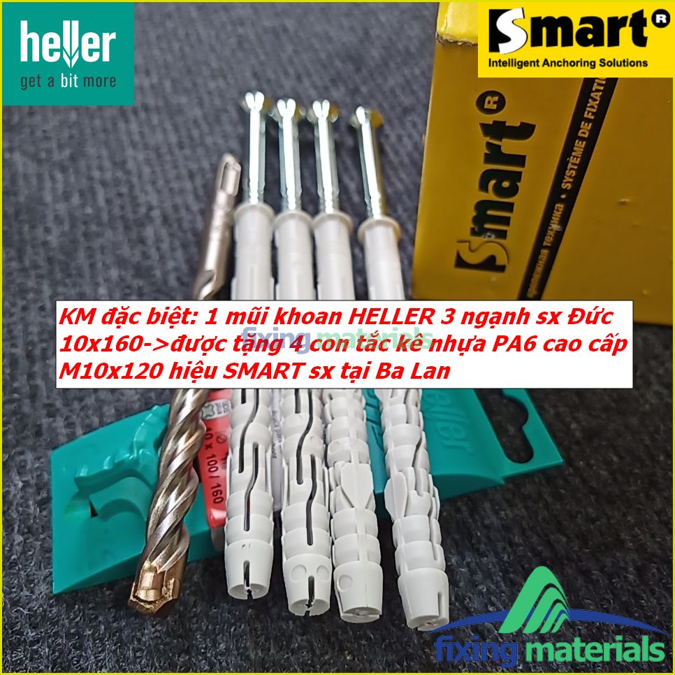 KM đặc biệt: Mũi khoan HELLER 3 ngạnh 10x160 tặng 4 con tắc kê cao cấp M10x120 kèm vít hiệu SMART, nhập khẩu EU