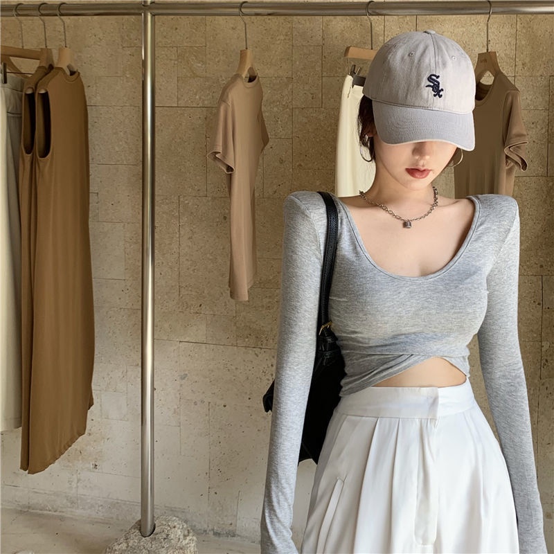 Áo thun COZOK tay dài cổ chữ U dáng ôm quyến rũ trẻ trung cho bạn gái